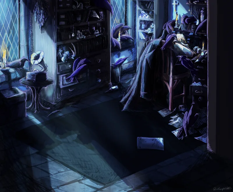 Dark blue interior scene of a cluttered gothic study at night.