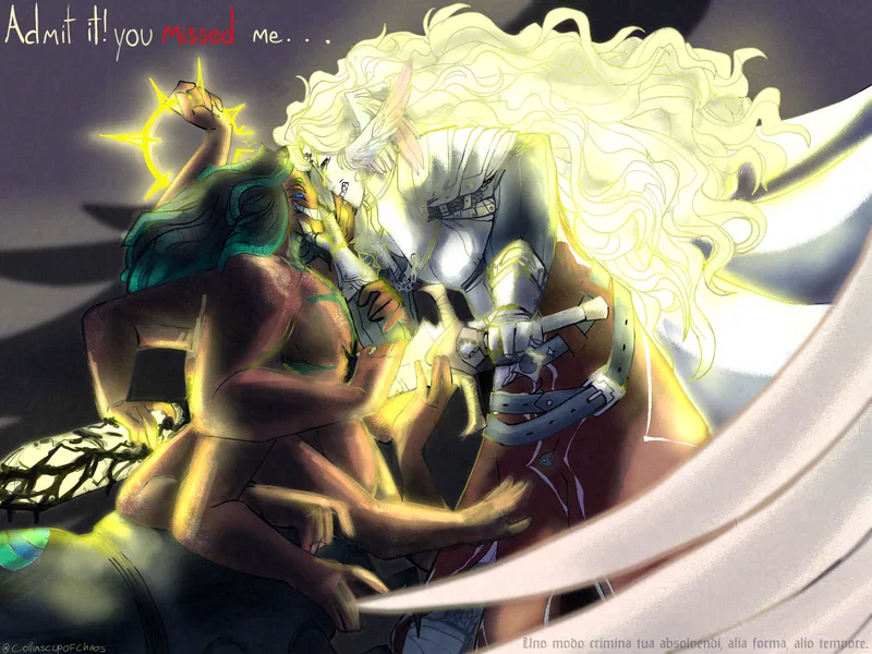 Two characters in an embrace, lit by a golden glow.