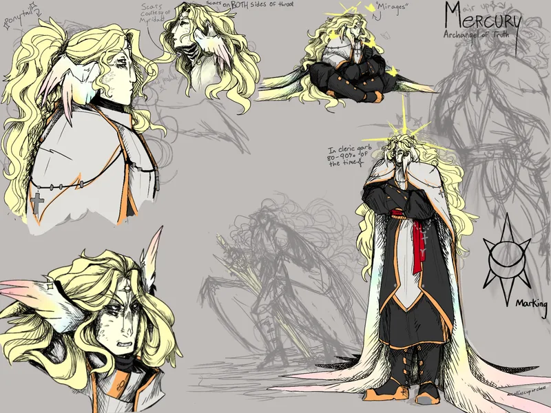 Character sheet with turnarounds and sketches of a blonde fae character.