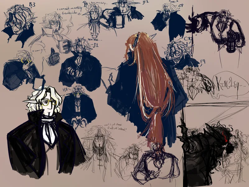 Sketch page of character studies in navy and copper ink.