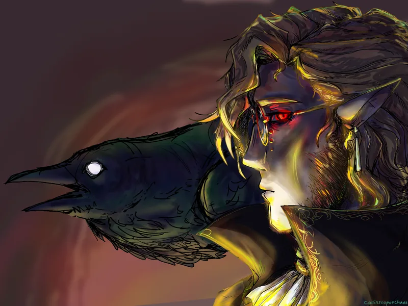 Portrait of a figure with glowing eyes beside a raven, in warm light.