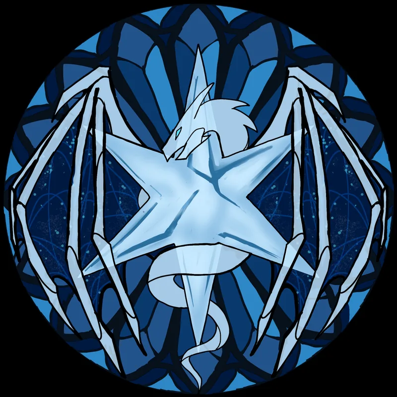 Circular stained-glass emblem of a dragon and a star in shades of blue.