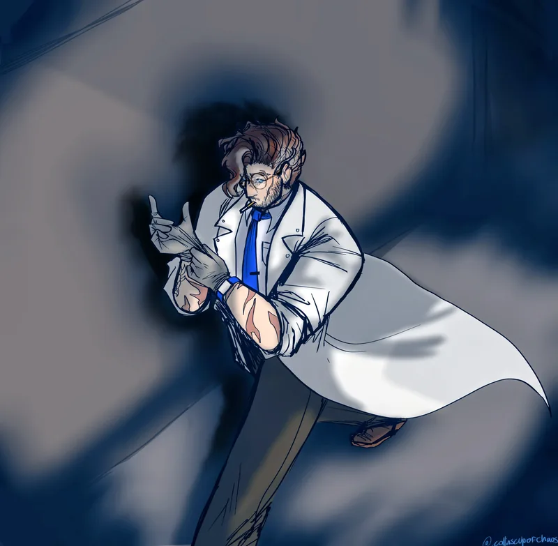 A scientist in a lab coat in a dynamic pose.